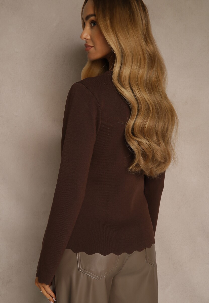 Brązowy Sweter z Wiskozą i Ozdobną Falbanką Mevidella