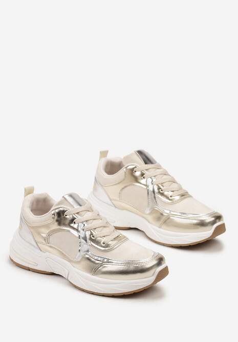 Beżowo-Złote Sznurowane Sneakersy Ozdobione Metaliczną Wstawką Kizria