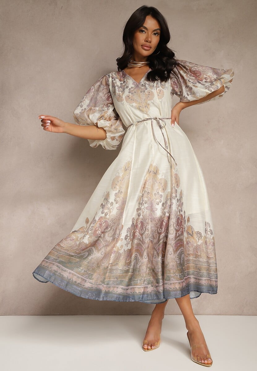 Jasnobeżowa Rozkloszowana Sukienka z Wiskozy z Wiązaniem i Ornamentalnym Wzorem Redanira