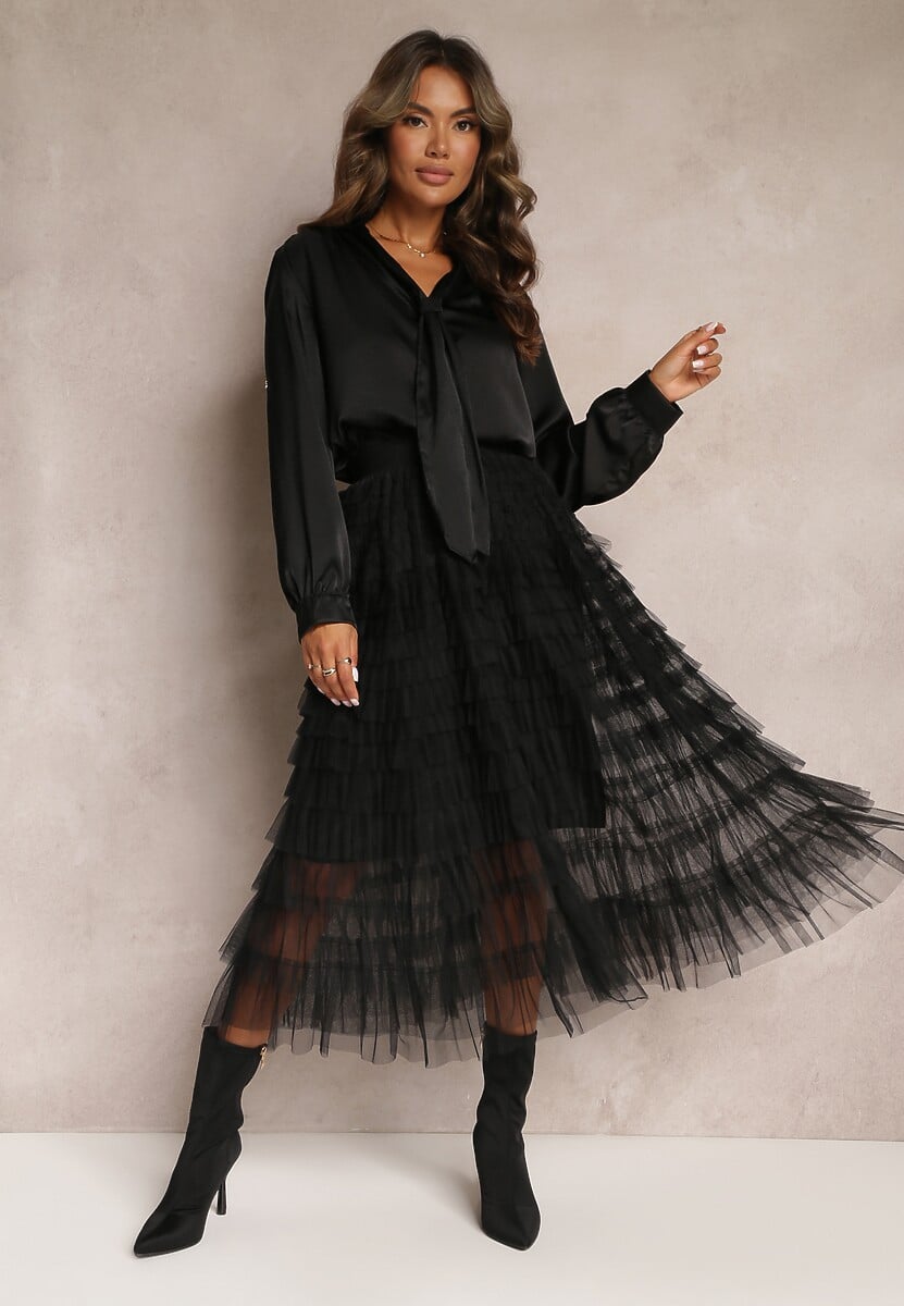 Czarna Tiulowa Spódnica Maxi z Gumką w Pasie i Falbankami Mahlia