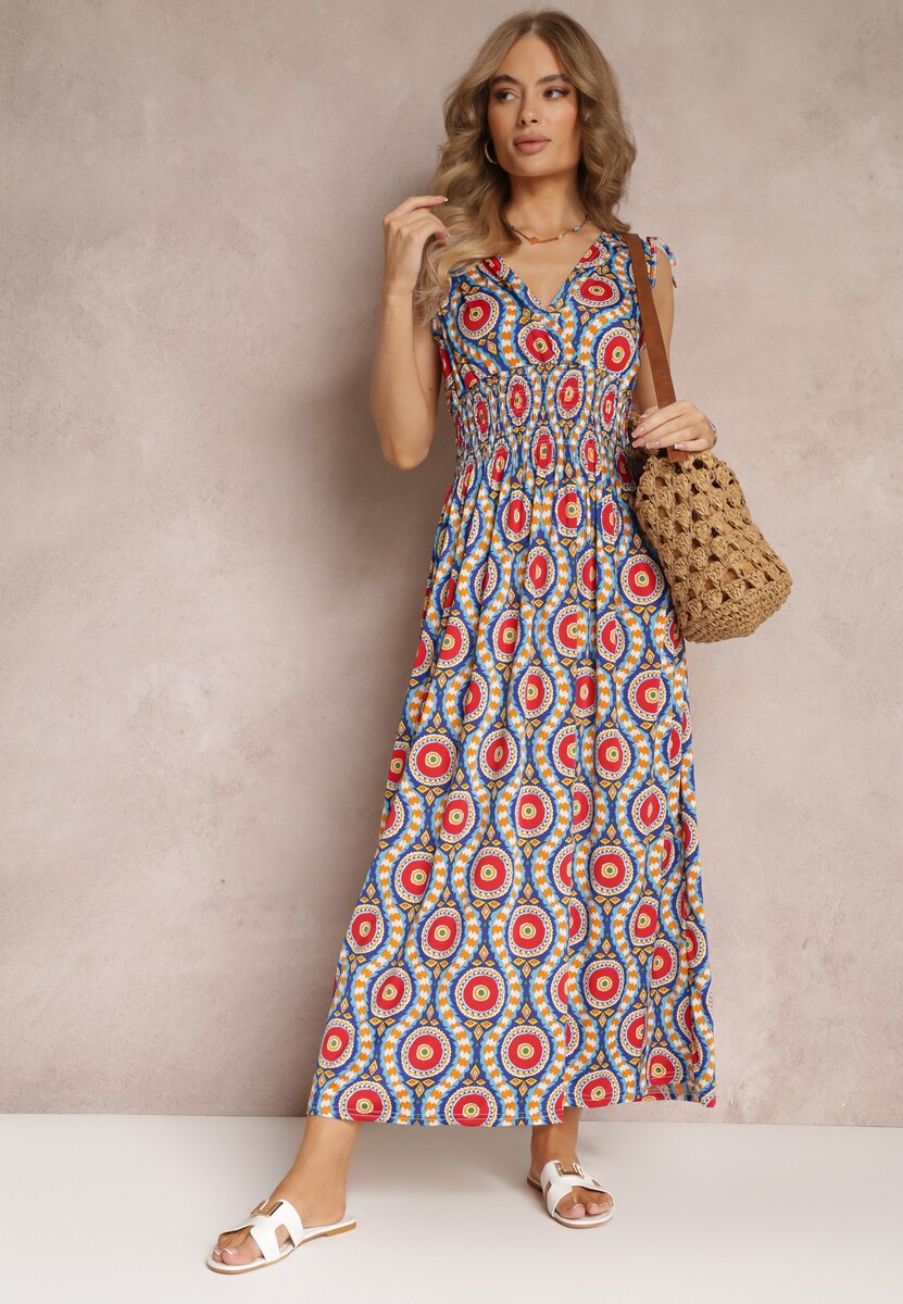 Pomarańczowa Rozkloszowana Sukienka z Wiskozy w Fantazyjny Print Karlene