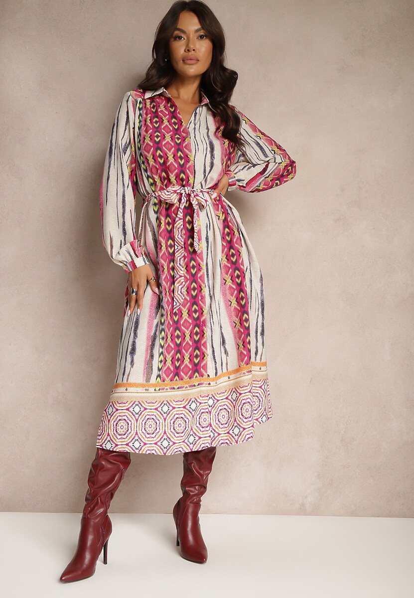 Fuksjowo-Beżowa Koszulowa Sukienka Wiązana w Talii Ozdobiona Abstrakcyjnym Wzorem Nilima