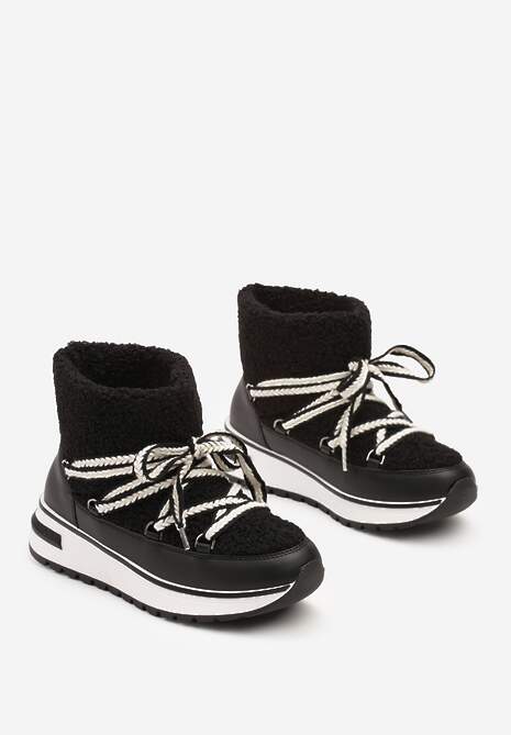 Czarne Futrzane Śniegowce ze Sznurowaniem Temivin