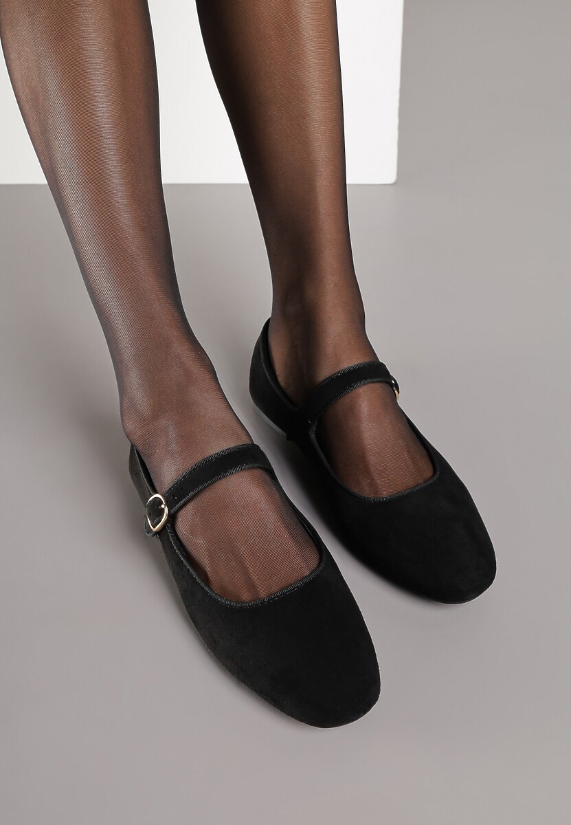 Czarne Balerinki Vices z Wkładką ze Skóry Naturalnej i Paskiem Nalisare