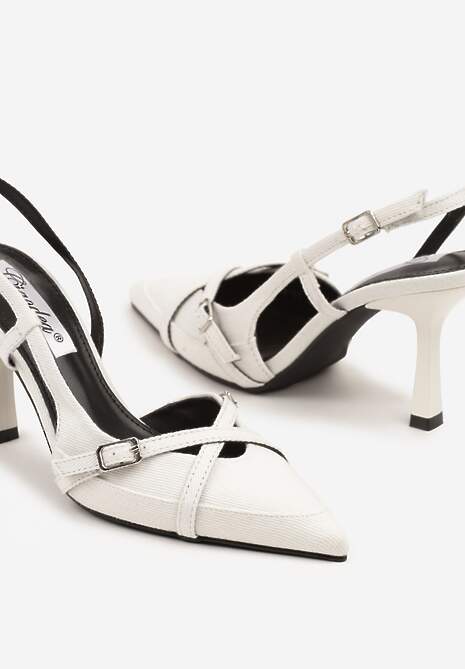 Białe Sandały Ozdobione Klamrami na Smukłej Szpilce Setorina