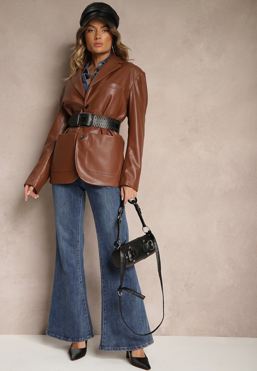 Niebieskie Bawełniane Jeansy Dzwony High Waist Ozdobione Sznurkiem Sovirra