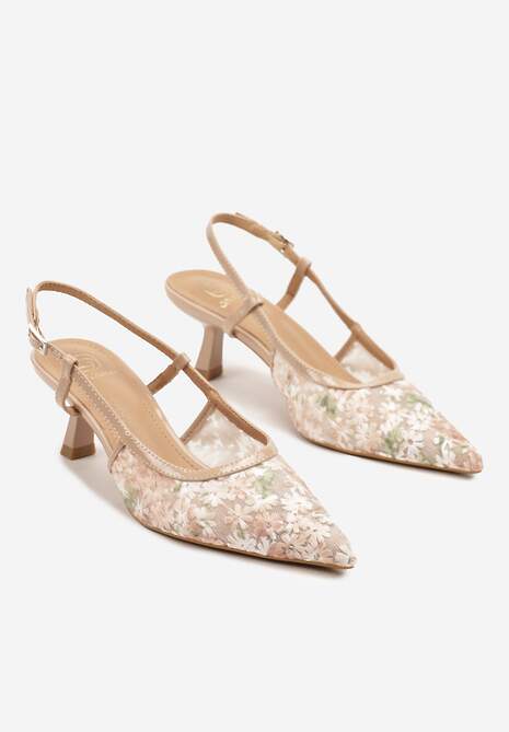 Beżowe Siateczkowe Sandały na Kaczuszce z Noskiem w Szpic w Kwiatki Lisania