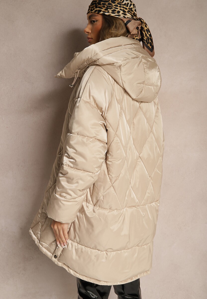 Jasnobeżowa Kurtka Pikowana z Kapturem i Rozcięciami Zapinanymi na Napy Etarenea