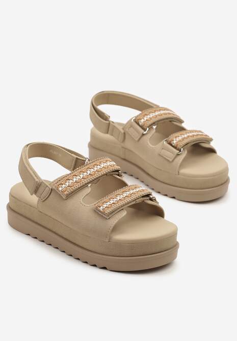 Ciemnobeżowe Sandały na Niskiej Platformie z Zapięciem na Rzep Zdobione Haftem Soreze