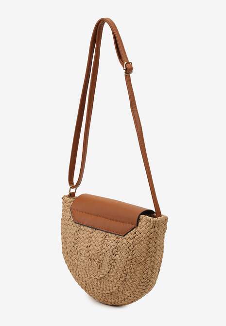 Ciemnobeżowa Mała Torebka Boho na Ramię z Połączenia Plecionki i Ekoskóry Virtha