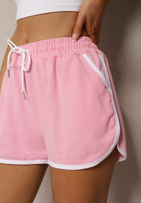 Różowe Szorty Dresowe z Dodatkiem Bawełny High Waist Wykończone Lamówką Mivorina