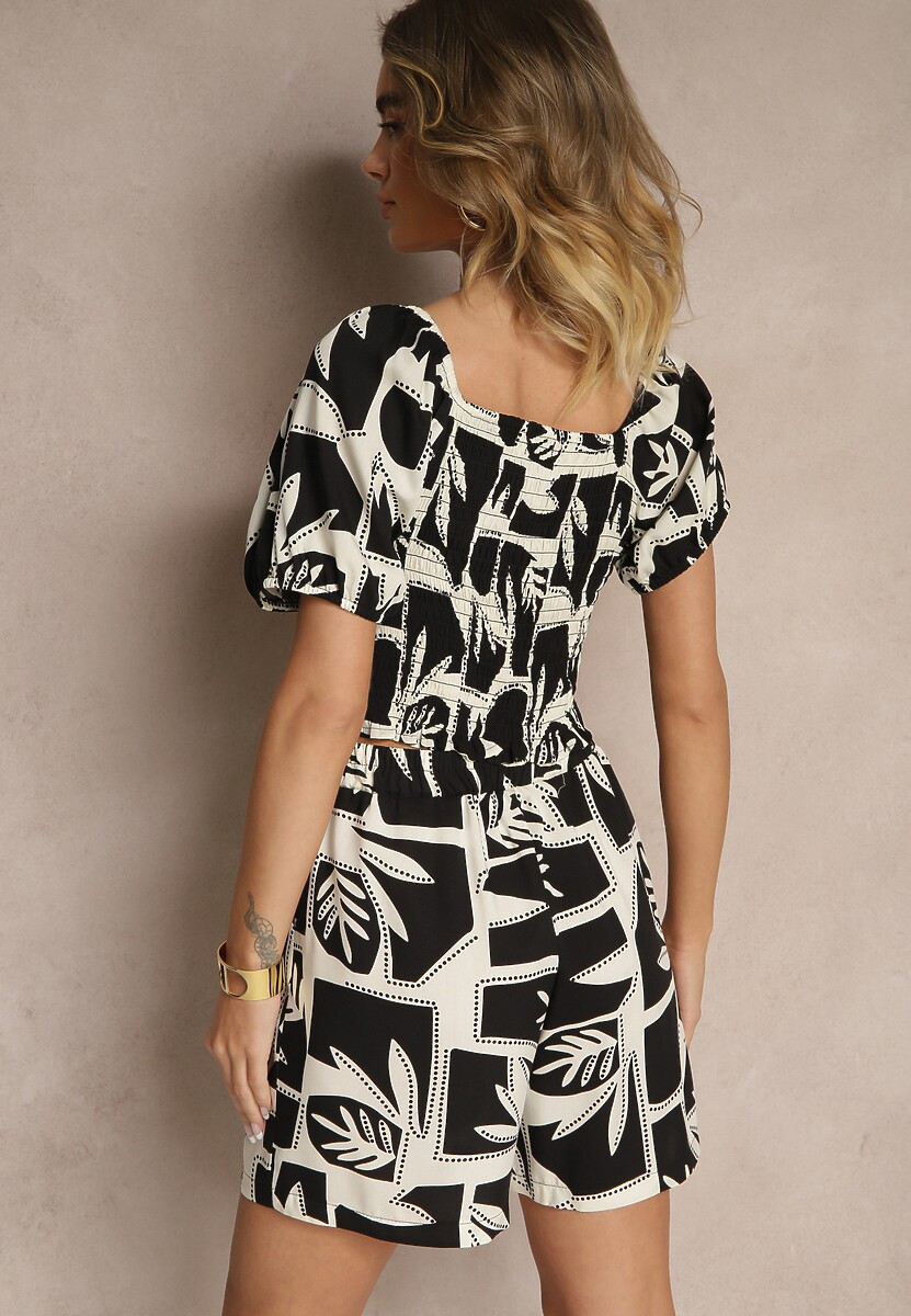 Czarny Wiskozowy Komplet w Roślinny Wzór Szorty i Bluzka Felindera