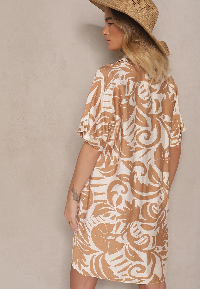 Brązowa Pudełkowa Sukienka w Typie Koszuli w Liście Liasenna