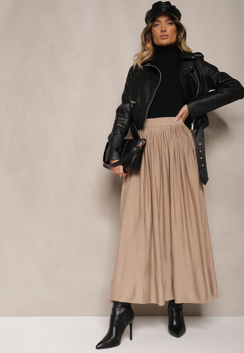 Beżowa Spódnica z Wiskozą o Plisowanym Kroju z Gumką w Pasie Tilisya