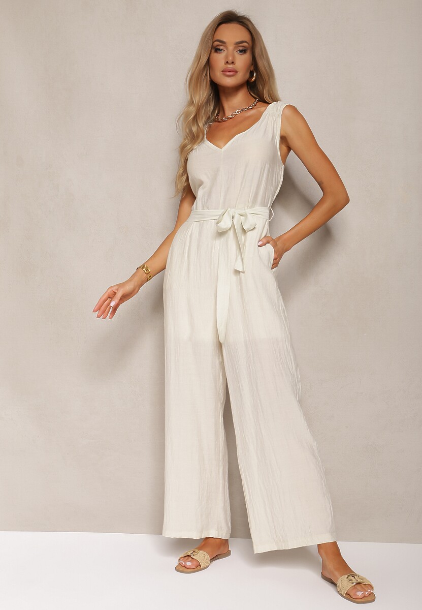 Czarny Kombinezon z Wiskozy z Szerokimi Nogawkami z Gumką w Pasie i Materiałowym Paskiem Acladia