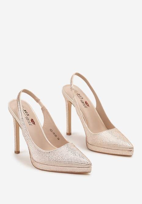 Beżowe Satynowe Sandały na Szpilce i Grubej Podeszwie z Ozdobnymi Cyrkoniami Lenaqia