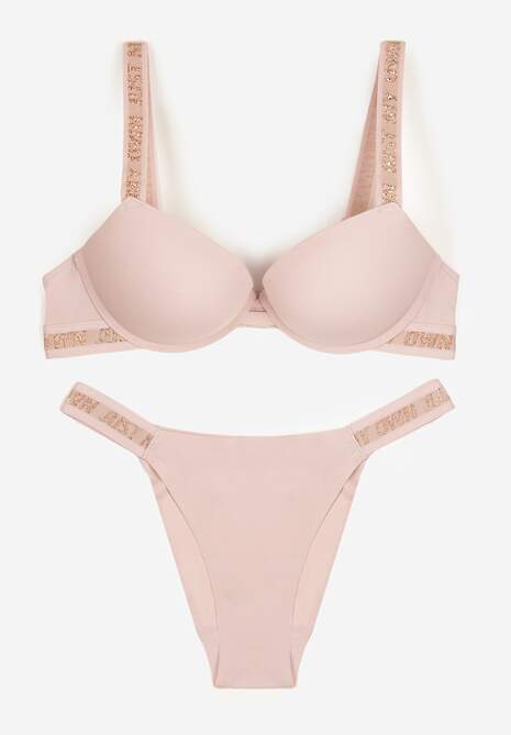 Różowy Komplet Ozdobiony Napisami z Biustonoszem z Efektem Push-Up i Majtkami Bralicia