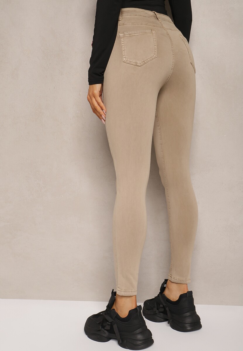Beżowe Spodnie Skinny z Wysokim Stanem i Ozdobną Chustką Hyadia
