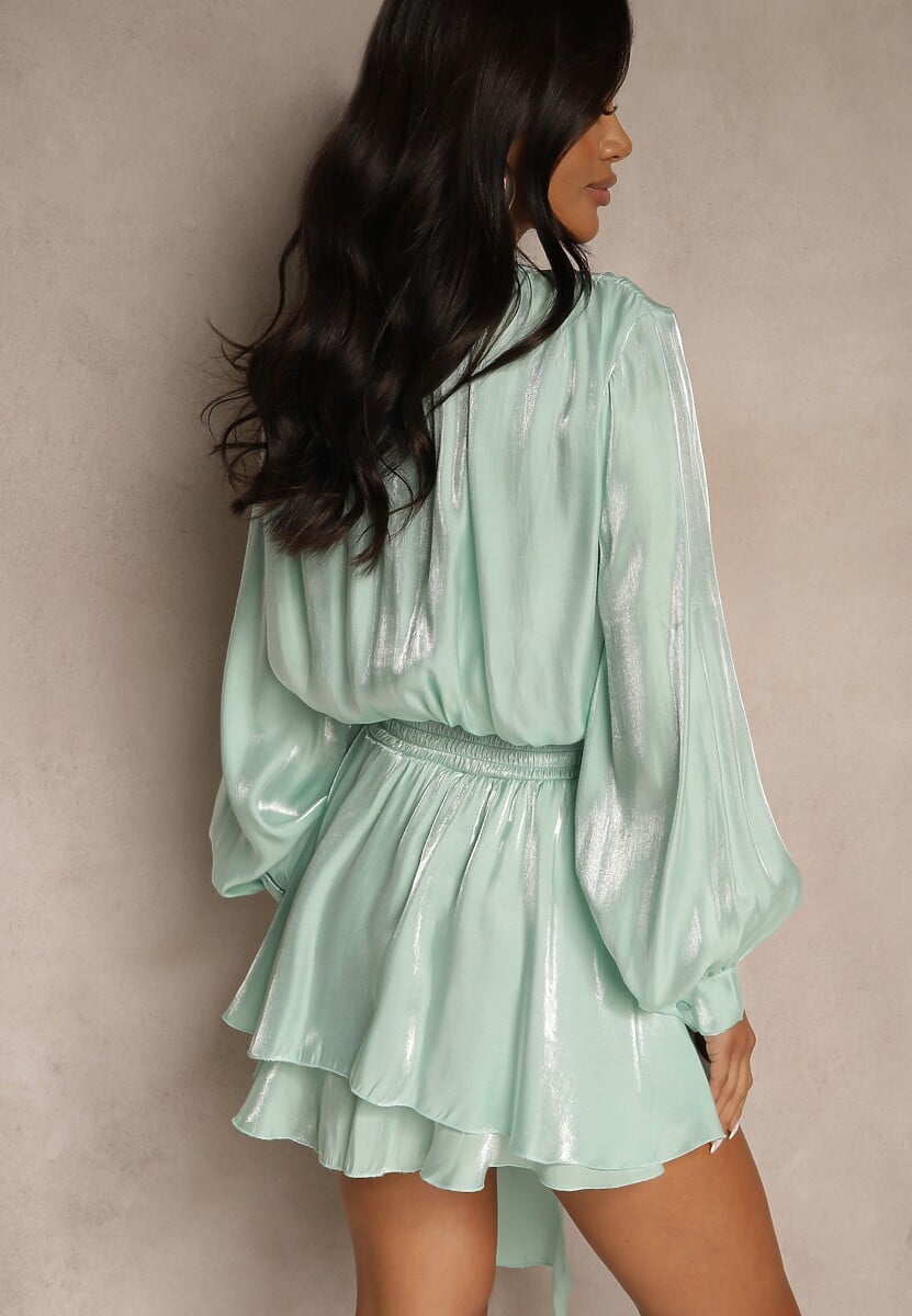 Zielona Sukienka z Wiskozy z Falbanką i Wiązaniem Finlio