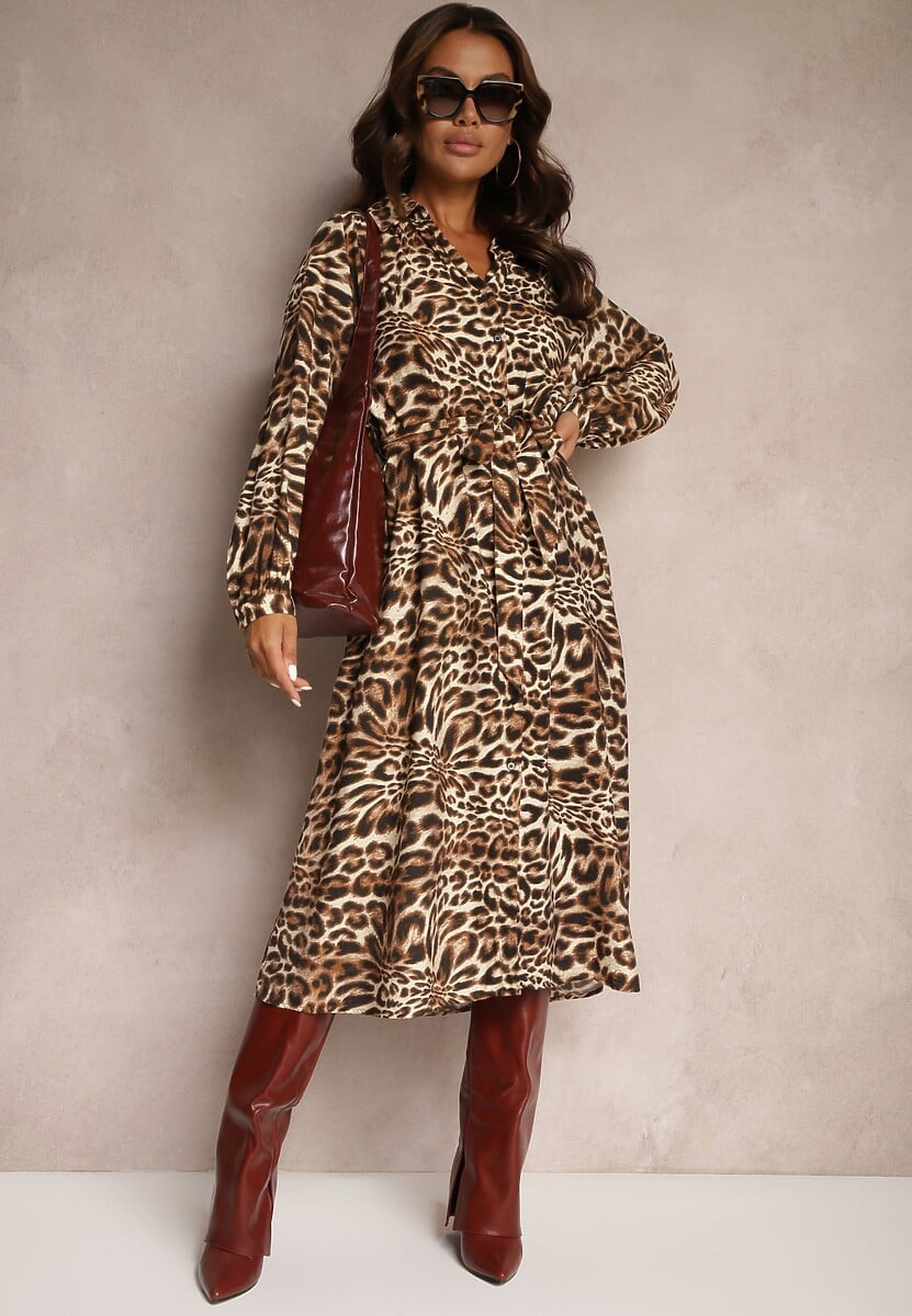 Brązowa Sukienka Typu Szmizjerka z Wiskozą z Wiązanym Paskiem w Panterkowy Wzór Raidra