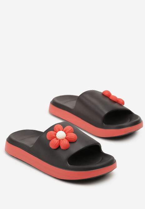 Czarno-Czerwone Klapki Piankowe Basenowe z Aplikacją Kwiatka Glemissea