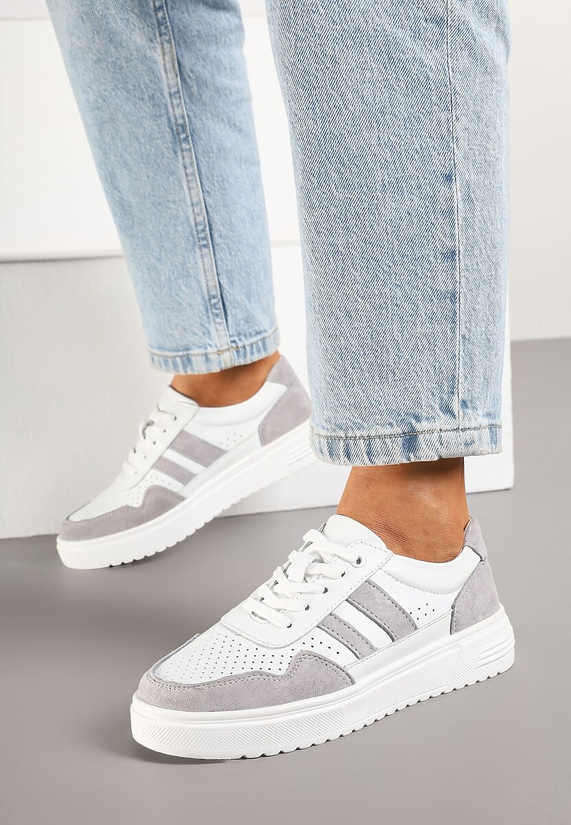 Biało-Szare Płaskie Sneakersy ze Skóry Naturalnej Ozdobione Paskami i Perforacją Floriwa