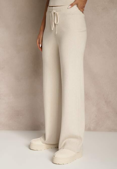 Beżowy Komplet z Dzianiny z Wiskozą Spodnie Bluzka ze Stójką i Kardigan Vetisene