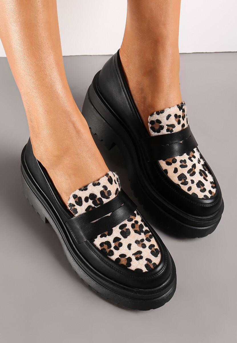 Czarno-Brązowe Mokasyny na Grubej Podeszwie z Protektorem i Motywem w Cętki Asinate