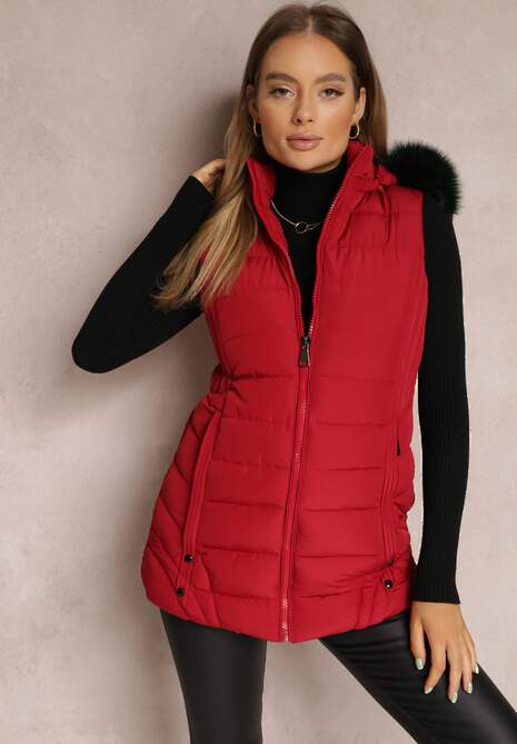 Czerwona Kamizelka Pikowana z Kapturem z Futerkiem Zelija