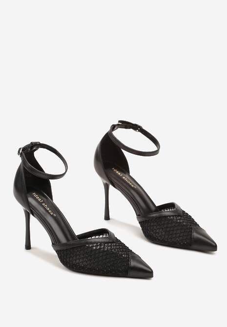 Czarne Szpilki ze Szpiczastym Noskiem i Paskiem ze Sprzączką Zdobione Cyrkoniami Nolamia