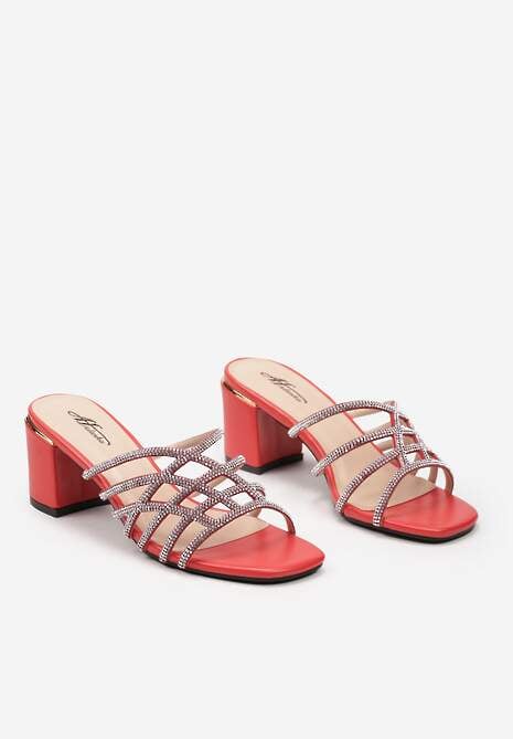 Czerwone Klapki na Obcasie z Cyrkoniami na Paskach Niamtia