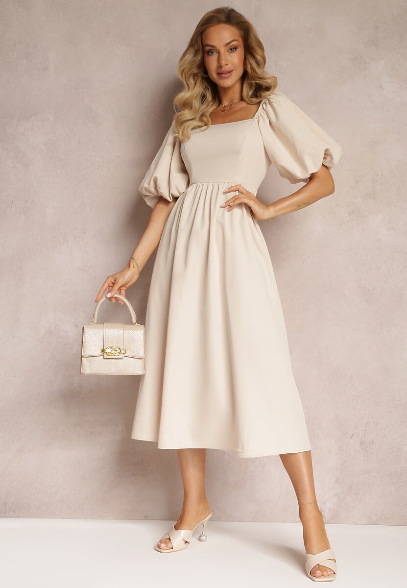 Beżowa Midi Sukienka o Rozkloszowanym Fasonie z Kwadratowym Dekoltem i Bufiastymi Rękawami Briakke