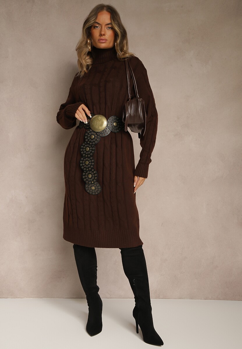 Brązowa Prążkowana Sukienka z Golfem z Dzianiny z Wełną Essandra