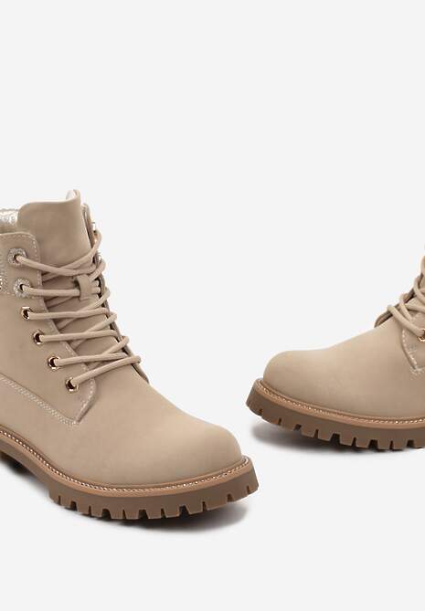 Beżowe Botki Traperki na Płaskiej Podeszwie z Przeszyciami i Cyrkoniami Flurella