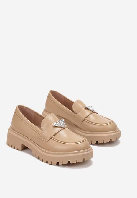 Ciemnobeżowe Mokasyny na Grubej Podeszwie Ozdobione Cyrkoniami Mavalis