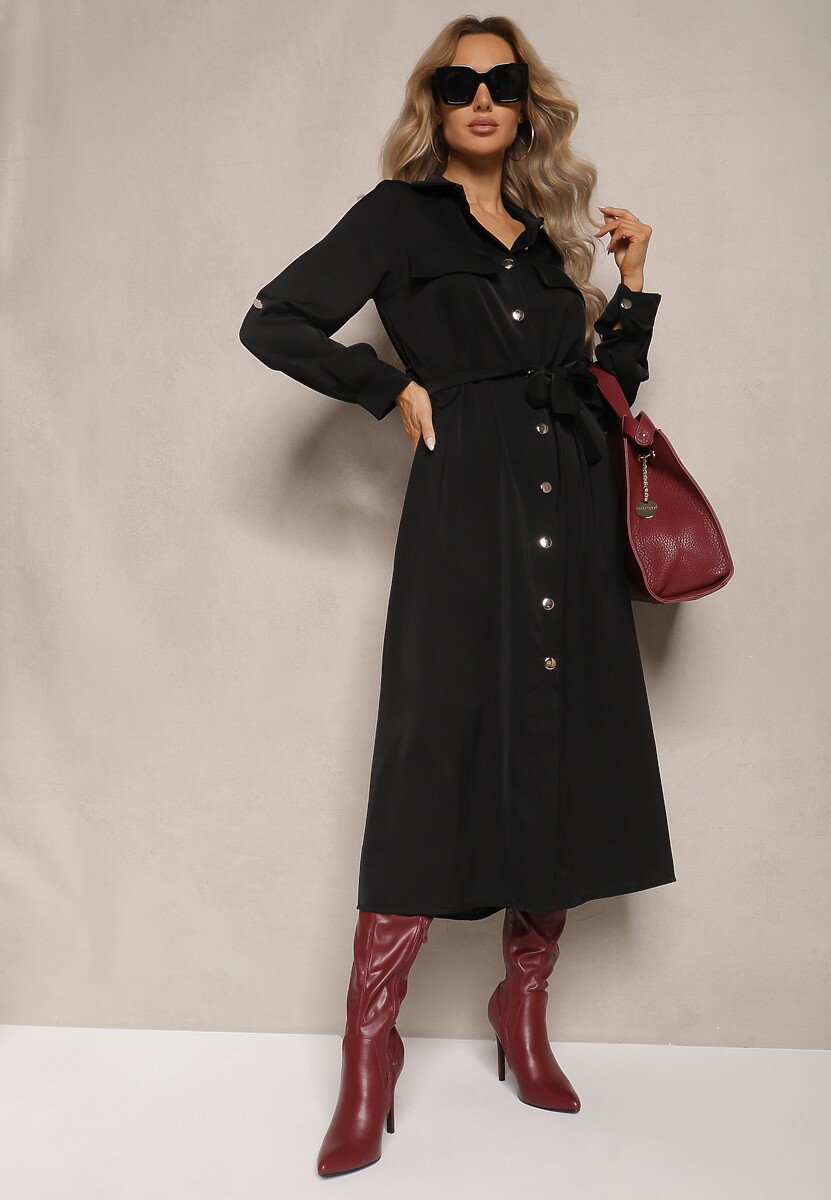 Czarna Rozkloszowana Sukienka o Koszulowym Kroju z Guzikami Wiązana w Talii Kortiana