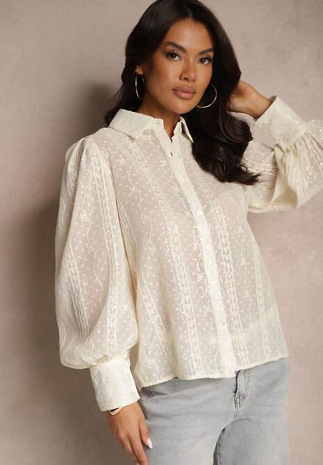 Beżowa Koszula z Przezroczystego Materiału z Cekinami Temithanel