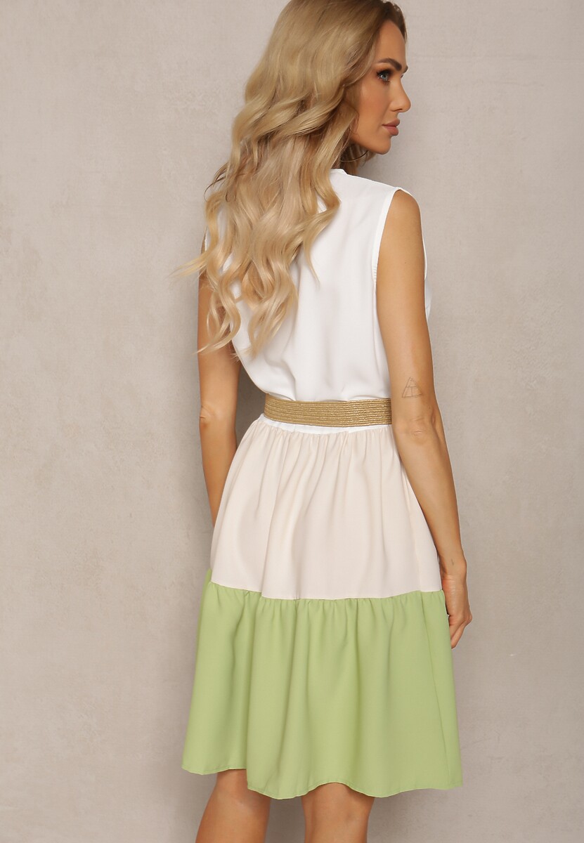 Beżowo-Zielona Sukienka o Rozkloszowanym Kroju z Dodatkowym Paskiem z Plecionki z Klamrą Wykończona Falbanką i Koronką Fumara