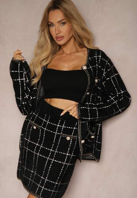 Czarno-Biały Dzianinowy Elegancki Komplet z Kardiganem i Spódnicą w Kratkę Railey