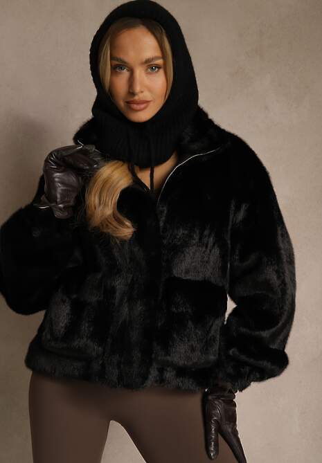 Czarna Kurtka Futerko z Ozdobnymi Kieszeniami Vetiline