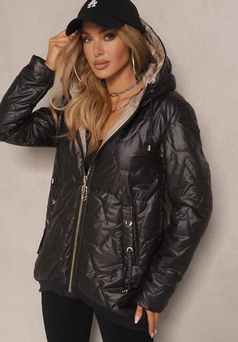 Czarna Pudełkowa Kurtka z Pikowanymi Przeszyciami i Kapturem Telaniela