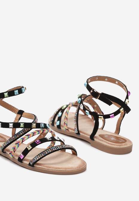 Czarne Płaskie Sandały z Cienkimi Paskami z Cyrkoniami i Ćwiekami Mizuki