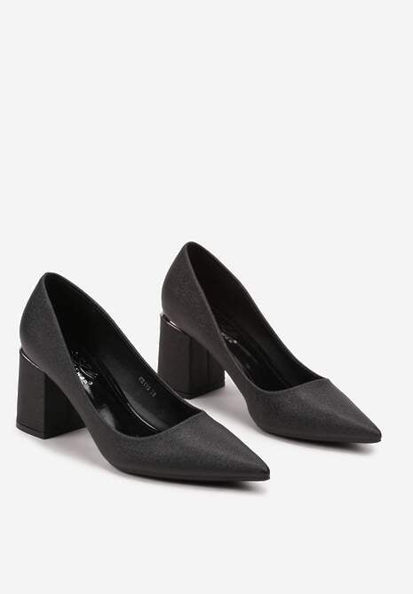 Czarne Czółenka z Noskiem w Szpic na Obcasie Typu Słupek z Brokatem Laoria