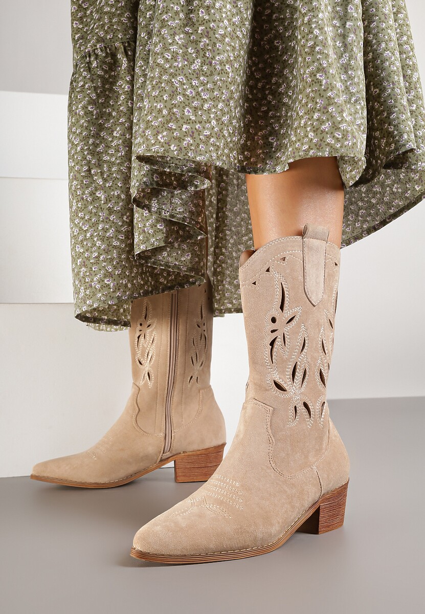 Beżowe Botki Vices na Słupku Kowbojki z Ażurową Cholewką Rivori