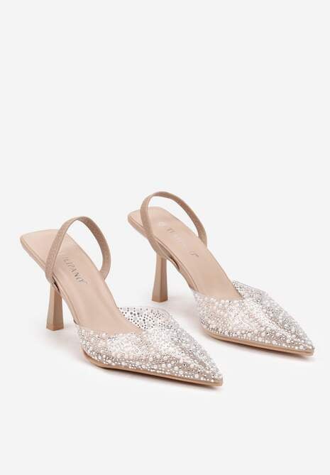 Beżowe Szpilki z Odkrytą Piętą Transparentną Cholewką I Cyrkoniami Arstaria