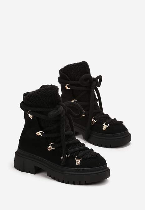 Czarne Traperki Wiązane na Sznurek Ozdobione Kożuszkiem Sidonnie