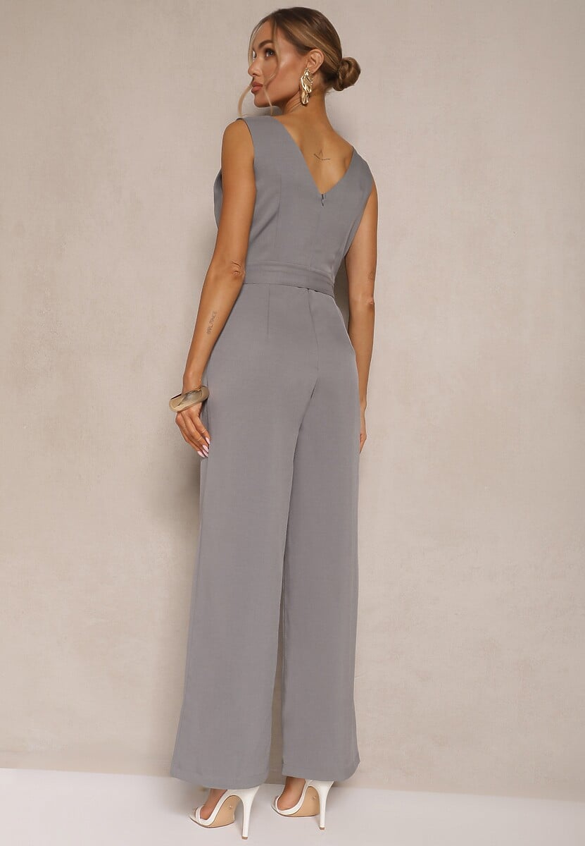 Szary Kombinezon z Długimi Spodniami Kopertowy z Paskiem w Talii Ronasia