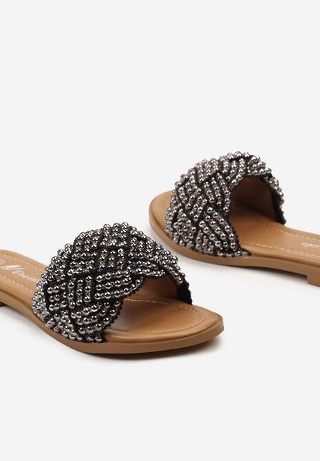 Czarne Płaskie Klapki z Elegancką Plecionką z Koralików Waldase