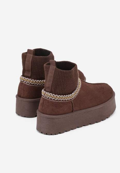 Brązowe Śniegowce VICES na Platformie ze Skarpetkową Cholewką i Haftem Ebentia