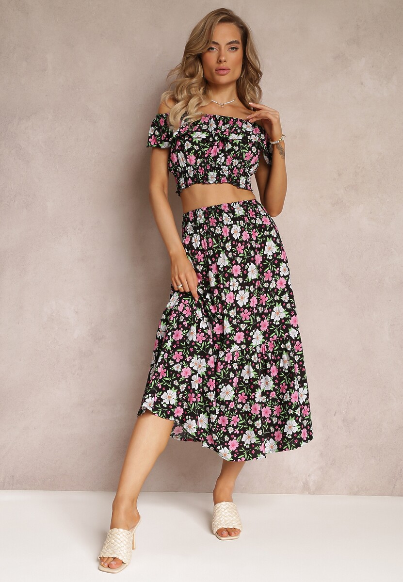 Czarny Bawełniany Komplet 2-częściowy z Topem i Spódnicą Ransa